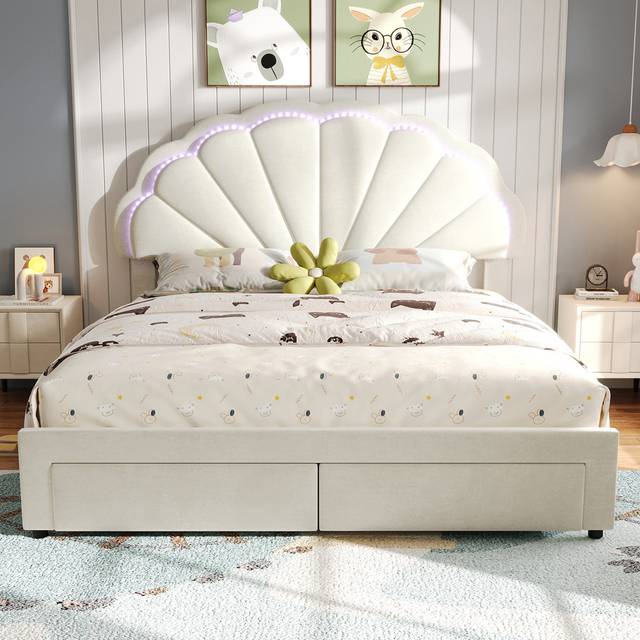 Upholstered Bed With 2 Drawers And Led Beige Velvet (Double (4&#39;6))