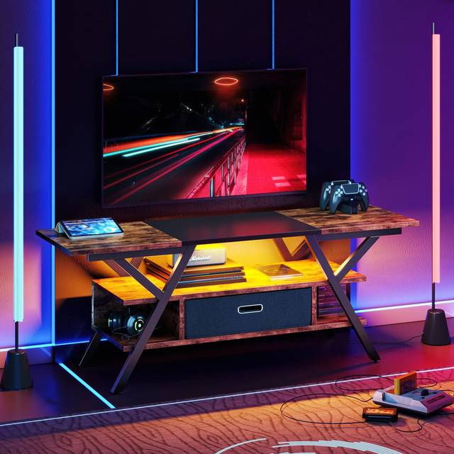Bedroom TV Stand For 55 Inch TV Gaming Entertainment Center Industrial Rustic TV Stand With Led Lights 20 Modes TV Console With Fabric Drawer - Black;Brown (55&#34;)