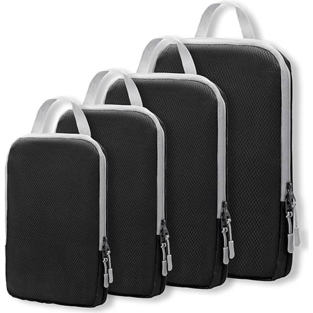 Compression Bags for Travel 4 Pcs Compression Travel Organiser Suitcase Organizer Bags Set Packing Cubes Travel Double-Stitched black