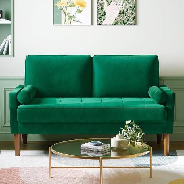 Small 2 Seater Sofa Green, Comfy Couch with Spring Cushion, Velvet Sofa with Wood Legs, Modern Love Seat Sofa 2 Seater for Living Room, Small Couch
