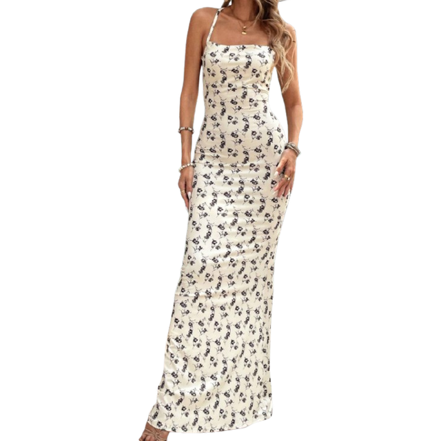 Vivid Eden Women Swing Neck Large Open Back Holiday Print Knit Long Dress,Summer Dresses For Women,Backless Dress
