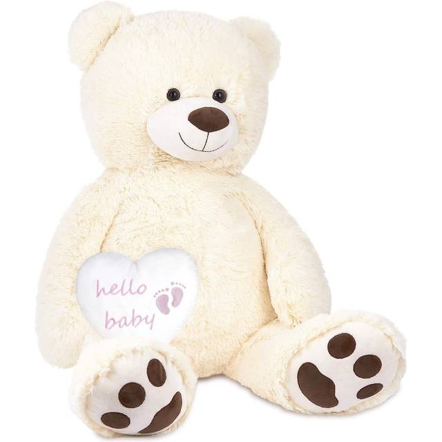 BRUBAKER XXL Nallebjörn Vit 100 cm med "hello baby" Hjärta Rosa - Gosedjur Present till Födelse, Födelsedag, Baby Shower och Nyfödda Flickor - Mjuk leksak med hjärtkudde - Plyschleksak