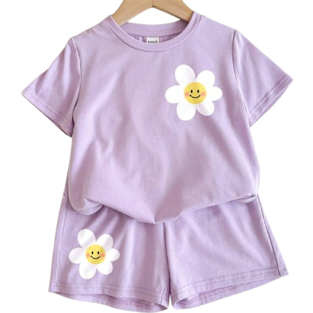 SHEIN 2pcs/Set Summer Casual Simple Cute Smiling Face & Floral Printed Short Sleeve T-Shirt And Shorts Set For Tween Girls