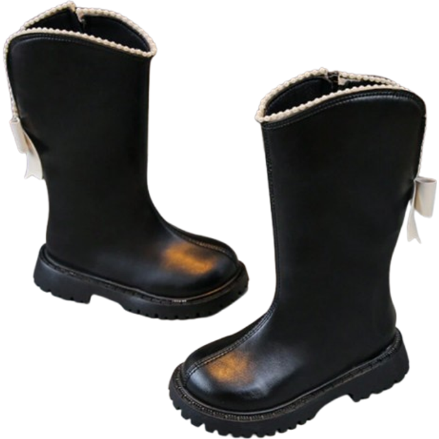 SHEIN Girls&#39; High Tube Boots, Autumn Winter New Children&#39;s  Boots, Kid Shoes, Thick Sole Girls Long Boots, Streetwear Bowknot Moto Leather Boots