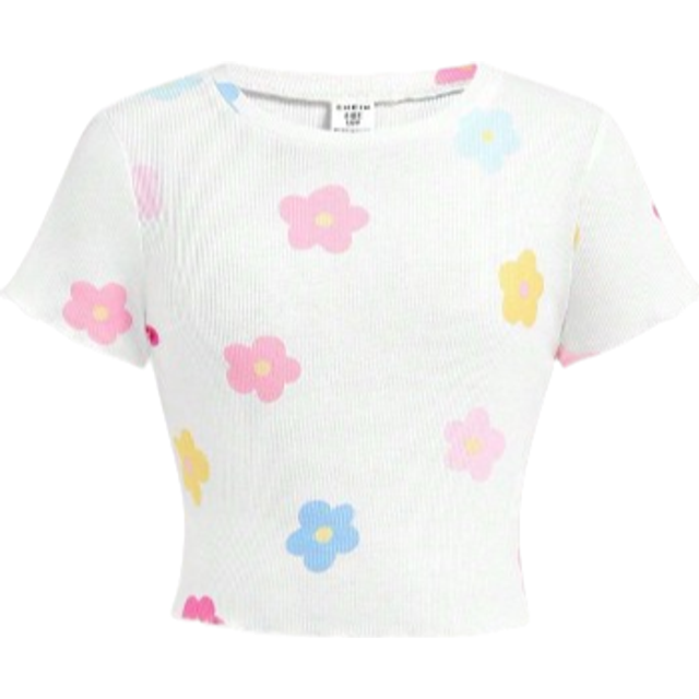 SHEIN Tween Girls Casual Minimalist Round Neck Floral Print Cap Sleeve T-Shirt