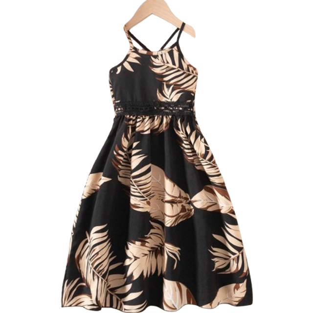 SHEIN Young Girl Vacation Casual Tropical Print Contrast Lace Slip Dress