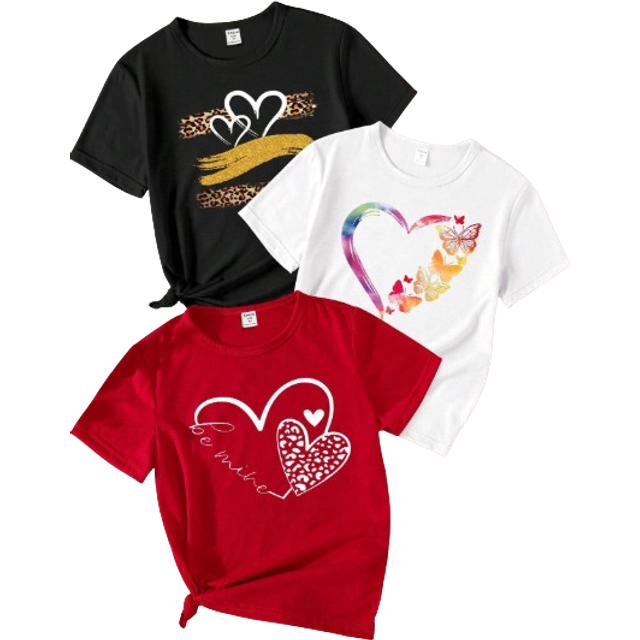 SHEIN 3pcs/Set Tween Girl Casual Leopard Print Colorful Heart Pattern Short Sleeve T-Shirt, Summer