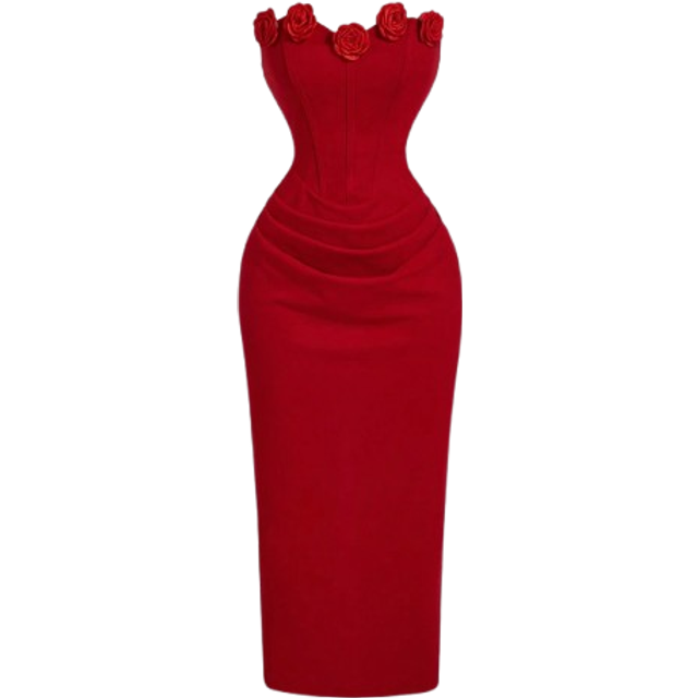 SHEIN Red 3D Floral Ruched Bodycon Tube Midi Dress For Women, Fall Wedding Guest Dress, Homecoming New Year,Valentine Dress,Summer Dresses For Women