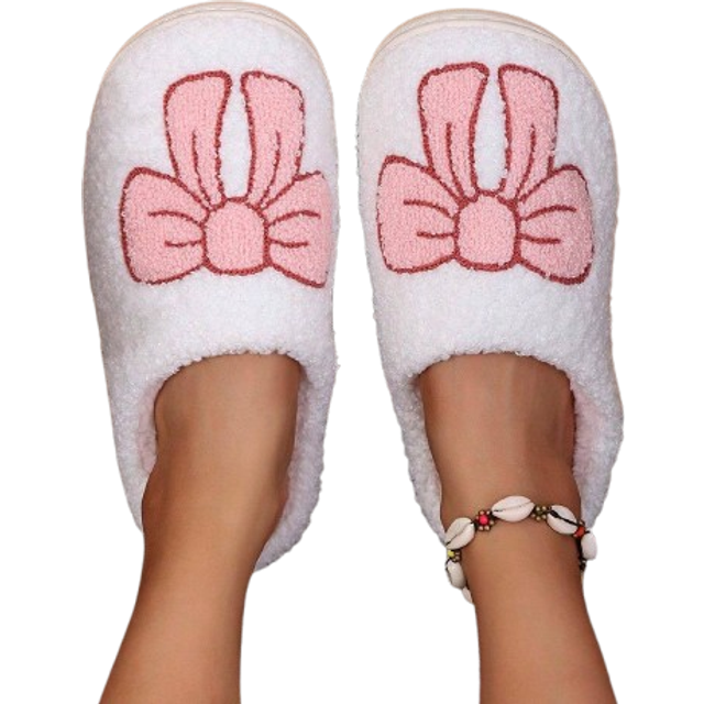SHEIN New Bow Embroidery Winter Warm Plush Slippers For Women, Indoor Home House Slippers, Thick Sole Non-Slip Quiet, European & American Style Plus Size, A