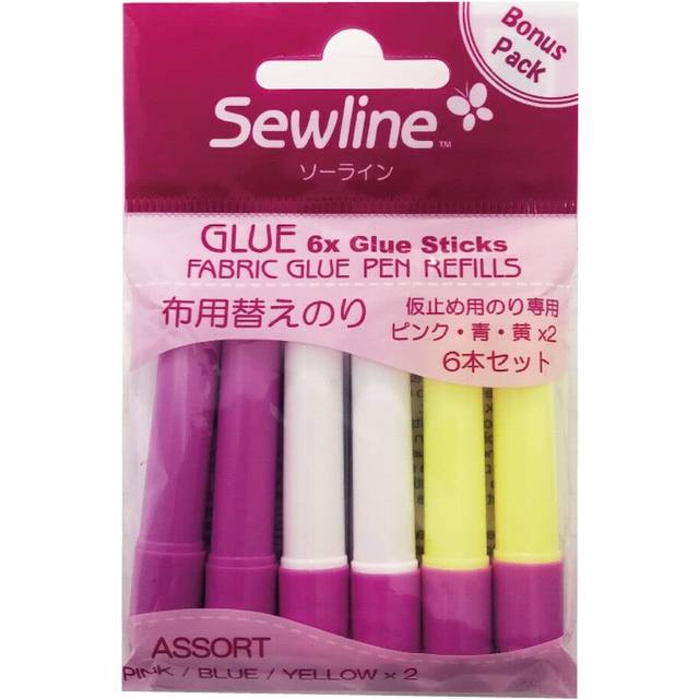 Sewline FAB50062 Refill for Textile Glue Stick, Water-Soluble, 6 Pieces: 2 x Blue; 2 x Yellow; 2 x Pink