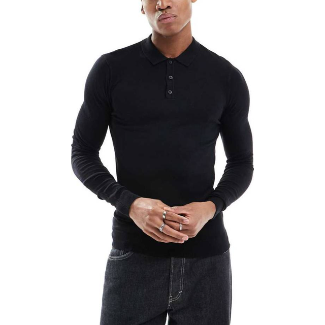 New Look Men's Black Slim Fine Knit Long Sleeve Polo Top - XXL