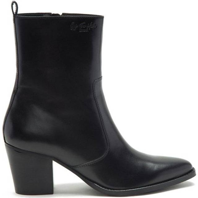 'Tower' Trendy Ankle High Heel Leather Zip Boots - Black - 4