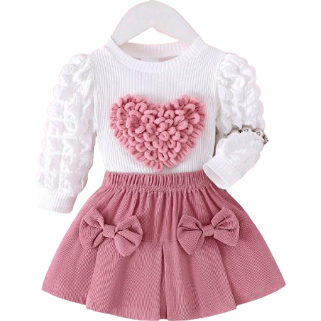 SHEIN 2pcs Baby Girls Fashion Elegant Heart Shape Puff Sleeve Top + Skirt Set, Thin Fabric For Autumn/Winter
