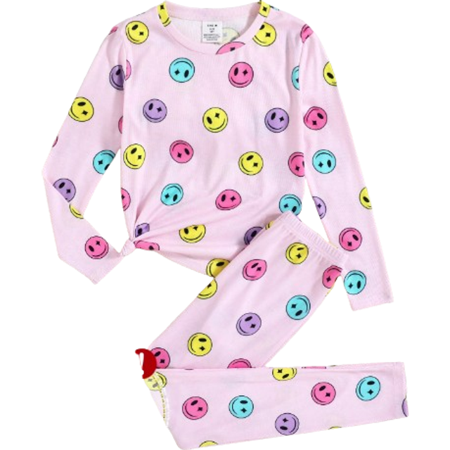 SHEIN Tween Girls 2pcs Smile Face Print Crew Neck Long Sleeve Top & Pants Cozy Casual Pajama Set
