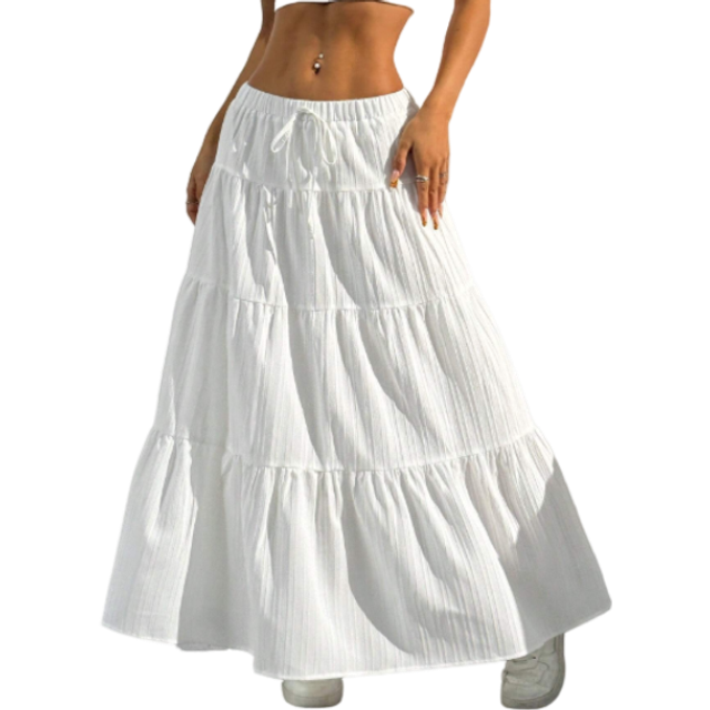 Shein Women Solid Color High Waist Tie Ruffled Hem Maxi Skirt