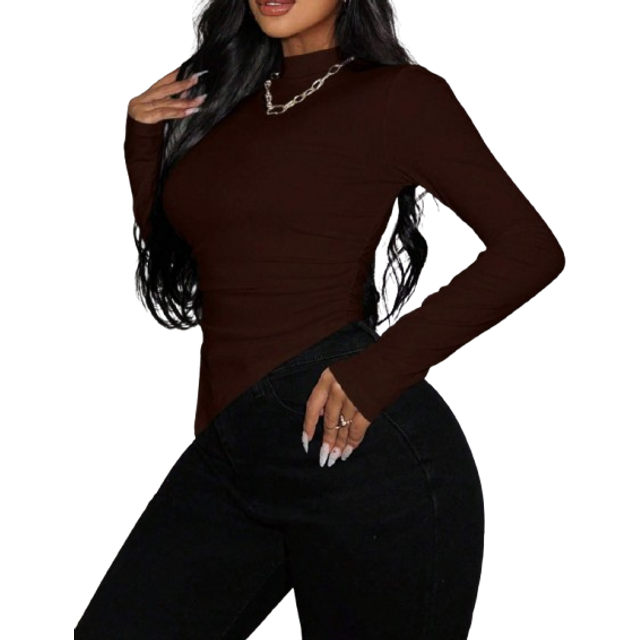 Zolique Solid Color Stand Collar Asymmetrical Hem Long Sleeve T-Shirt