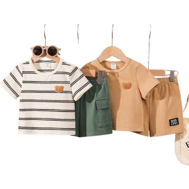 SHEIN 4pcs Summer Korean Version Baby Boy And Girl Casual Cartoon Pattern Striped Short Sleeve T-Shirt, Drawstring Pocket Shorts Outfits