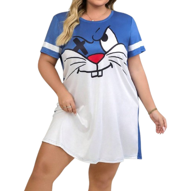 SHEIN Cartoon Rabbit Print Round Neck Casual Short Sleeve Nightgown, Plus Size