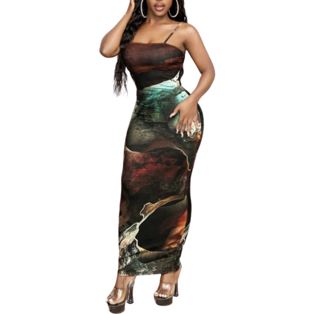 SHEIN Elegant Sexy Fitted Maxi Marble Print Cami Dress Homecoming Dress,Summer Dresses For Women
