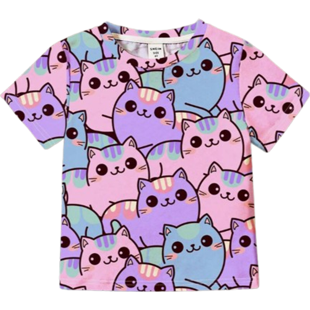 SHEIN Cute Cat Print Anime Style Purple Cat, Young Girl Casual Minimalist Round Neck Short Sleeve T-Shirt, Suitable For Summer