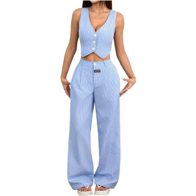 SHEIN Ladies&#39; Linen Simple Stripe Print Tube Top And Long Pants Two-Piece Set