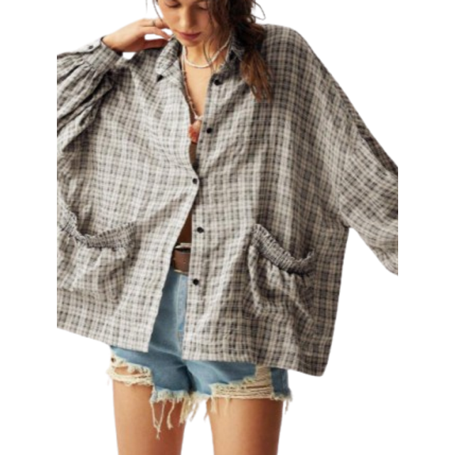 Bohemela Vacation Plaid Pattern Women&#39;s Casual Shirt,Long Sleeve Tops