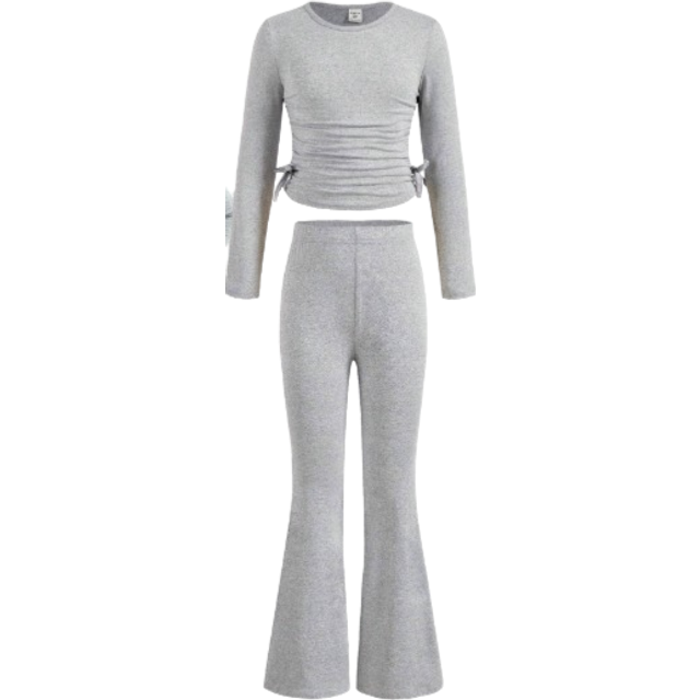 SHEIN SLAYR KIDS Tween Girls&#39; Casual Floral Gray Round Neck Ruched Long Sleeve Fitted Knit Top And Flare Pants Set, Suitable For Home And Outdoor ,Travel Ou
