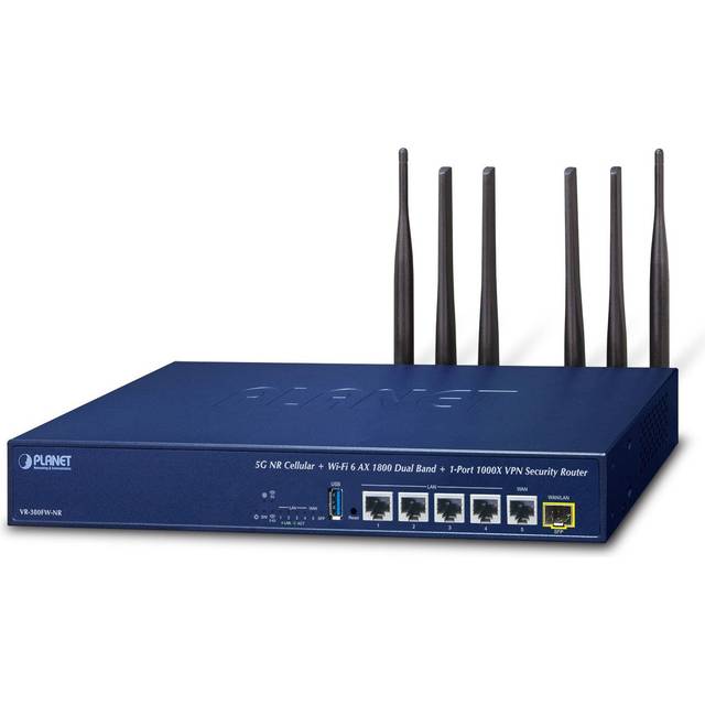 Planet VR-300FW-NR 5G NR Cellular + Wi-Fi 6 AX1800 Dual Band + 1-Port 1000X SFP VPN Security Router and AP Controller (Sub-6 5G NR Global Band, compatible with 4G LTE, 1 SIM Card Slot, 1800Mbps 802.11ax, 2.4GHz and 5GHz Dual Band concurrent, 5-Port 1