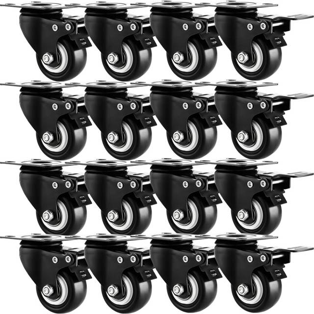15 Casters Set of 16 HeavyDuty Industrial Caster Wheels with Brake PU No Noise Wheels Double Locking and Double Ball Bearing