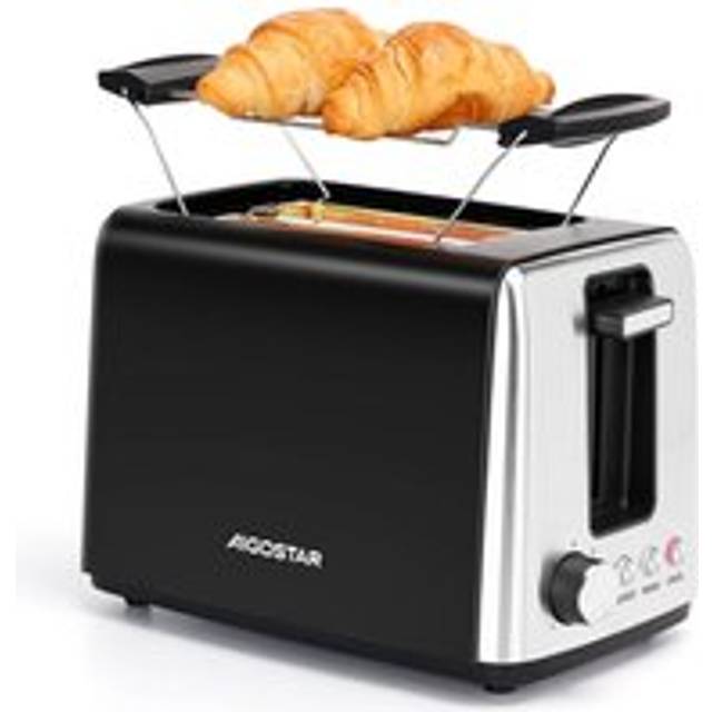 Aigostar - 2 Slice Toaster with Warming Rack, 750W Low Wattage Black Toaster, 7 Variable Browning Settings, Defrost Reheat Cancel Functions, Auto
