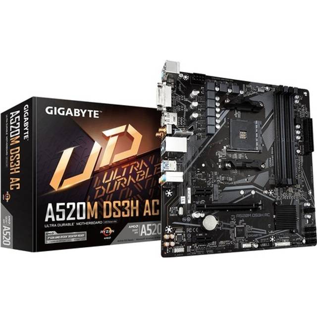 GIGABYTE A520M DS3H AC Motherboard - AMD Ryzen 5000 Series CPUs, 5+3 Phases VRM, up to 4733MHz DDR5 (OC), 1xPCIe 3.0 M.2, GbE LAN, WIFI 5, USB 3.2 Gen 1