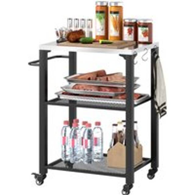 Outsunny Three-Shelf Outdoor Grill Cart with Stainless Steel Top, Outdoor Kitchen Island with Wheels, 3 Hooks for Kitchen, Garden, 65.5 x 41 x 79cm