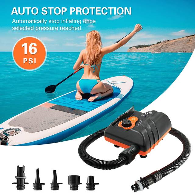 16PSI Electric Inflation Air Pump with 6PCS Nozzles for Inflatable SUP and Boat orange