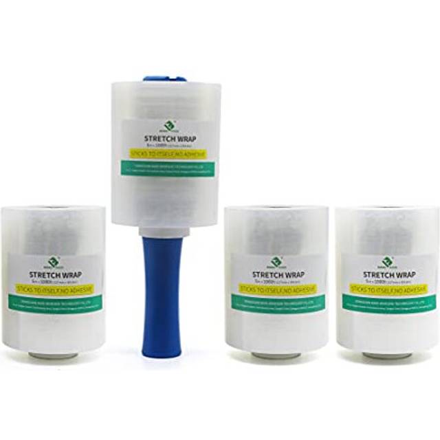 4 Pack Mini Clear Pallet Stretch Wrap Shrink Film with a Plastic Rolling Handle 20 mic*130mm*305m for Pallet Wrap.Durable Self-Adhering Packing,Moving
