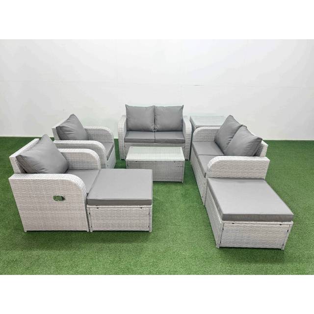 Fimous 8 Seater Outdoor Reclining Chair Love Sofa Set Rattan Garden Furniture Set with Rectangular Coffee Table 2 Big FootStools Side Table Light Gre