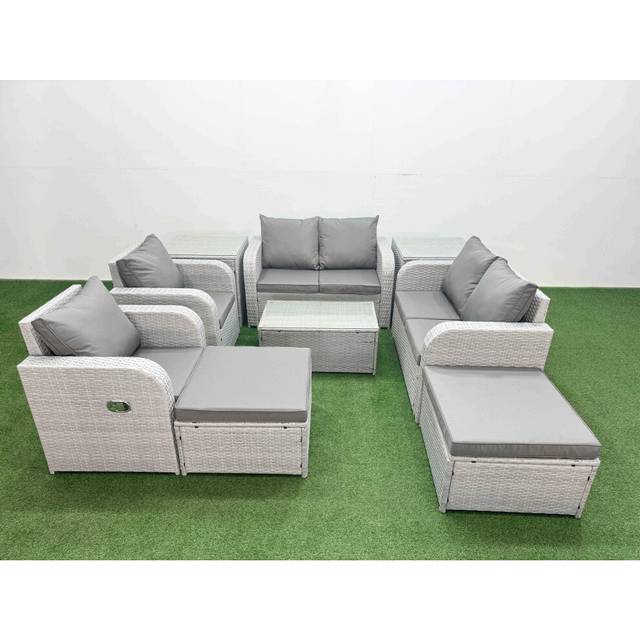 Fimous 8 Seater Outdoor Reclining Chair Love Sofa Set Rattan Garden Furniture Set with Rectangular Coffee Table 2 Big FootStools 2 Side Table Light G
