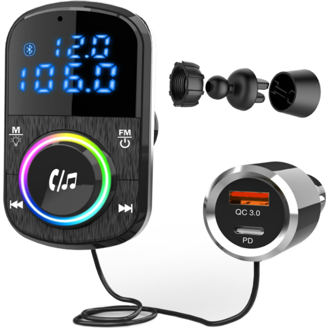 Chronus Bluetooth Car Adapter, Hands Free Car FM Transmitter, PD3.0 & QC3.0 Fast Charging, Support TF Card/Aux, Crystal Sound Quality, 1.1M