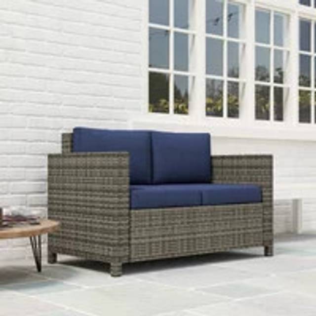 Outsunny Rattan Wicker 2-seat Sofa Loveseat Padded Garden Furniture - Navy blue | TJ Hughes