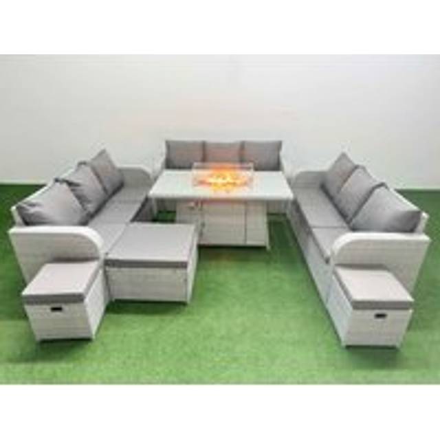 3 3-Seater Sofa With Firepit Dining Table & 3 Stools | Wowcher - Grey