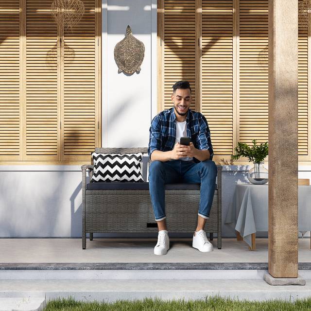 Outsunny 160L Rattan Garden Storage Bench, Cushioned Outdoor Bench, Grey, Grey