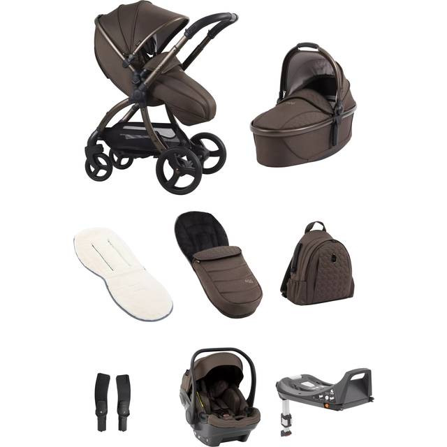 egg3 Pushchair, Carrycot & Accessories with Egg Shell Car Seat and Base Luxury Bundle, Chocolate Velvet