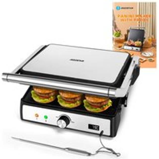Aigostar - Sandwich Toaster 2000W Toastie Maker with Meat Thermometer, Recipes, Deep Fill Panini Press with Removable Non-Stick Plate, 180° Flat Open