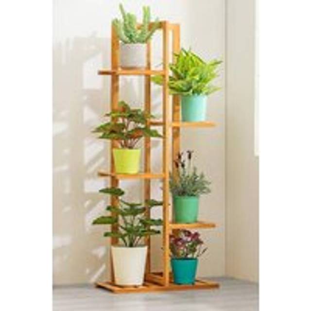 Rustic Wooden 5-Tiered Potted Plant Stand - Brown - One Size