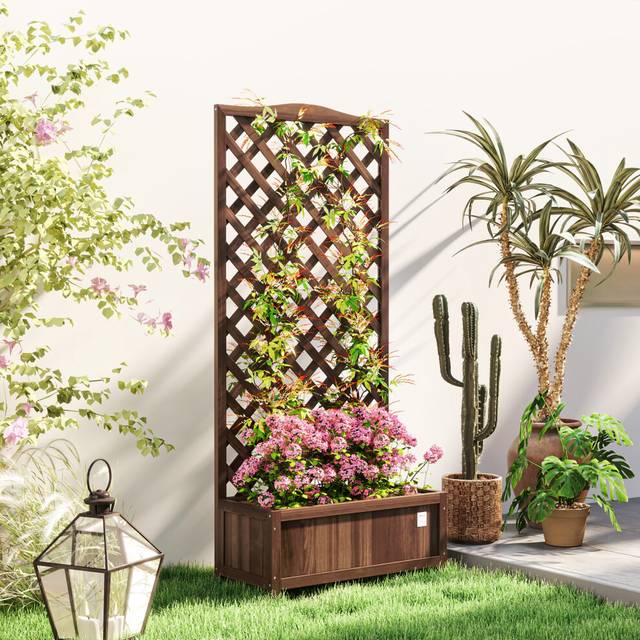 Outsunny Garden Wooden Planter Box with Trellis Flower Raised Bed Dark Brown, Brown