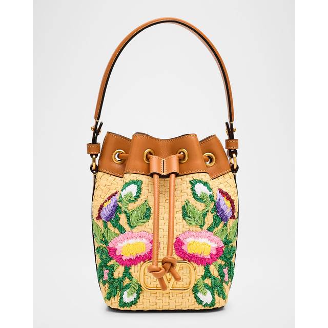 Valentino Garavani VLOGO SIGNATURE MINI BUCKET BAG IN RAFFIA WITH FLORAL EMBROIDERY Woman MULTICOLOUR/CAMEL UNI