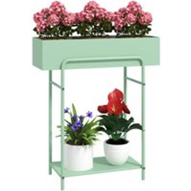 Outsunny 2 Tier Plant Stand, Metal Plant Rack with Drain Holes, Green, Green