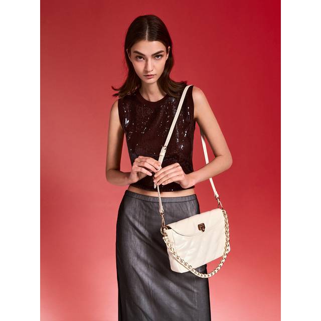 Charles & Keith - Fawn Panelled Front Flap Chain-Handle Bag - Cream - M