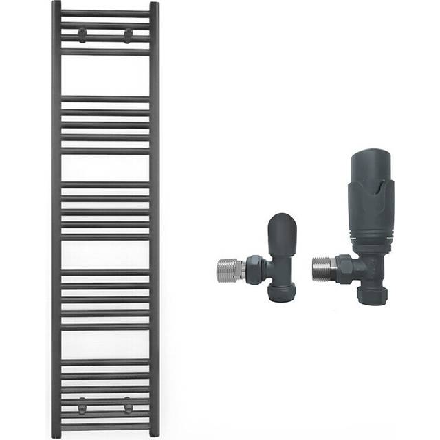 (With TRV Angled Valves, 400 x 1400mm (BTU: 2009)) 400mm Wide Anthracite Towel Rail Radiator + Valves
