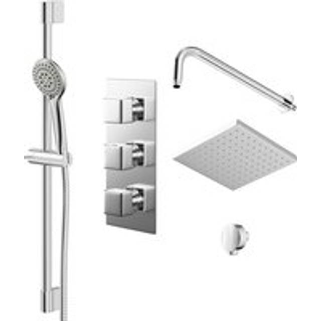Wholesale Domestic Cubix Polished Triple Thermostatic Valve Mixer Shower with Square Fixed Head and Avon Shower Slide Rail Kit | Chrome | Metal | 120mm x 265mm x 140mm