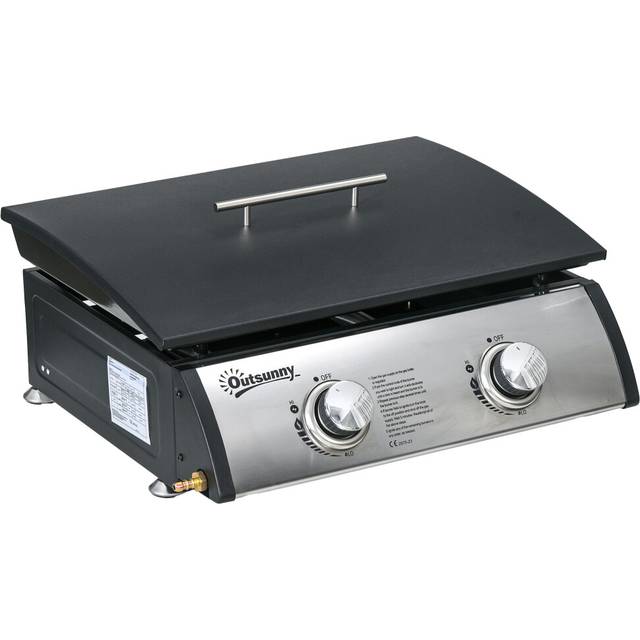 Outsunny Portable Gas Plancha BBQ Grill with 2 Stainless Steel Burner, 10kW